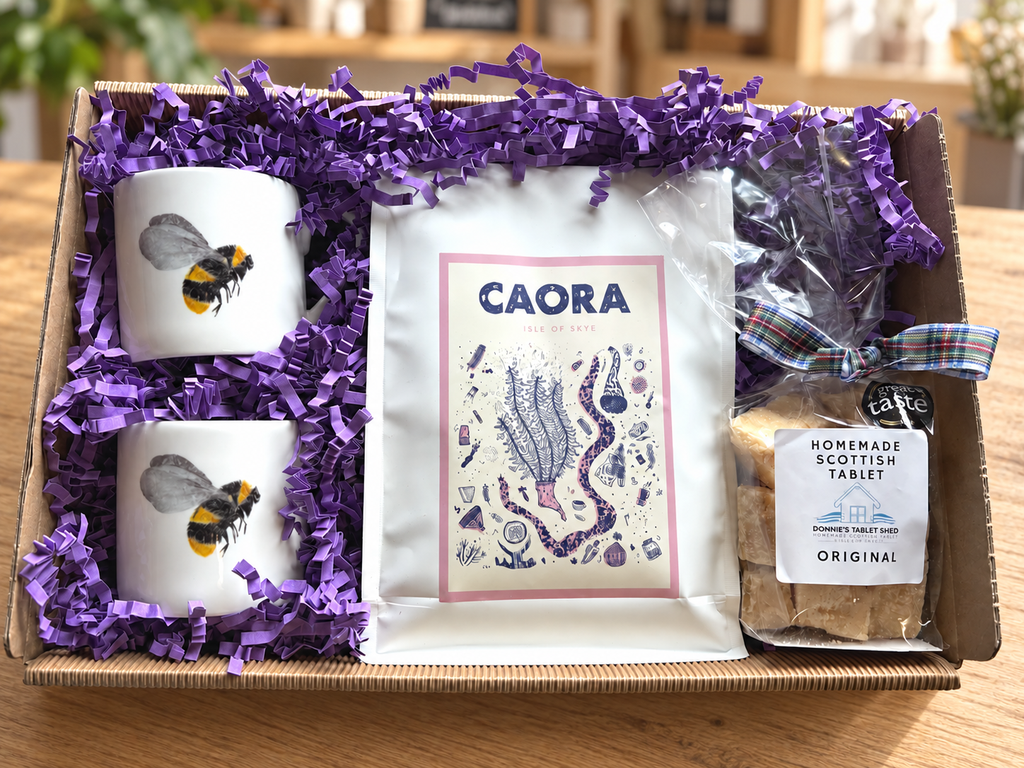 Bee Espresso cup set with Caora coffee and Homemade Tablet from Isle of Skye