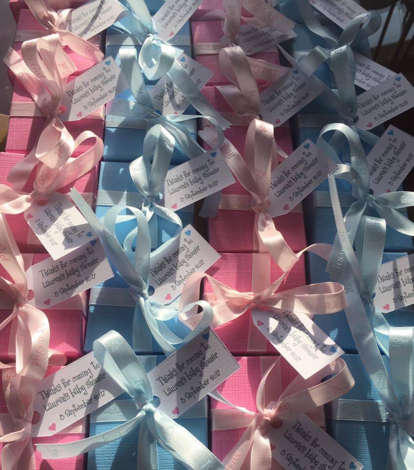 Pink and Blue boxes for Lauren's Baby Shower party.  Personalised tags and boxes filled with Donnie's Homemade Scottish Tablet.