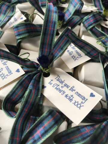 Flower of Scotland Tartan Favours filled with Donnie's Homemade Scottish Tablet for Steve's 40th Birthday - you can personalise the tag with your message