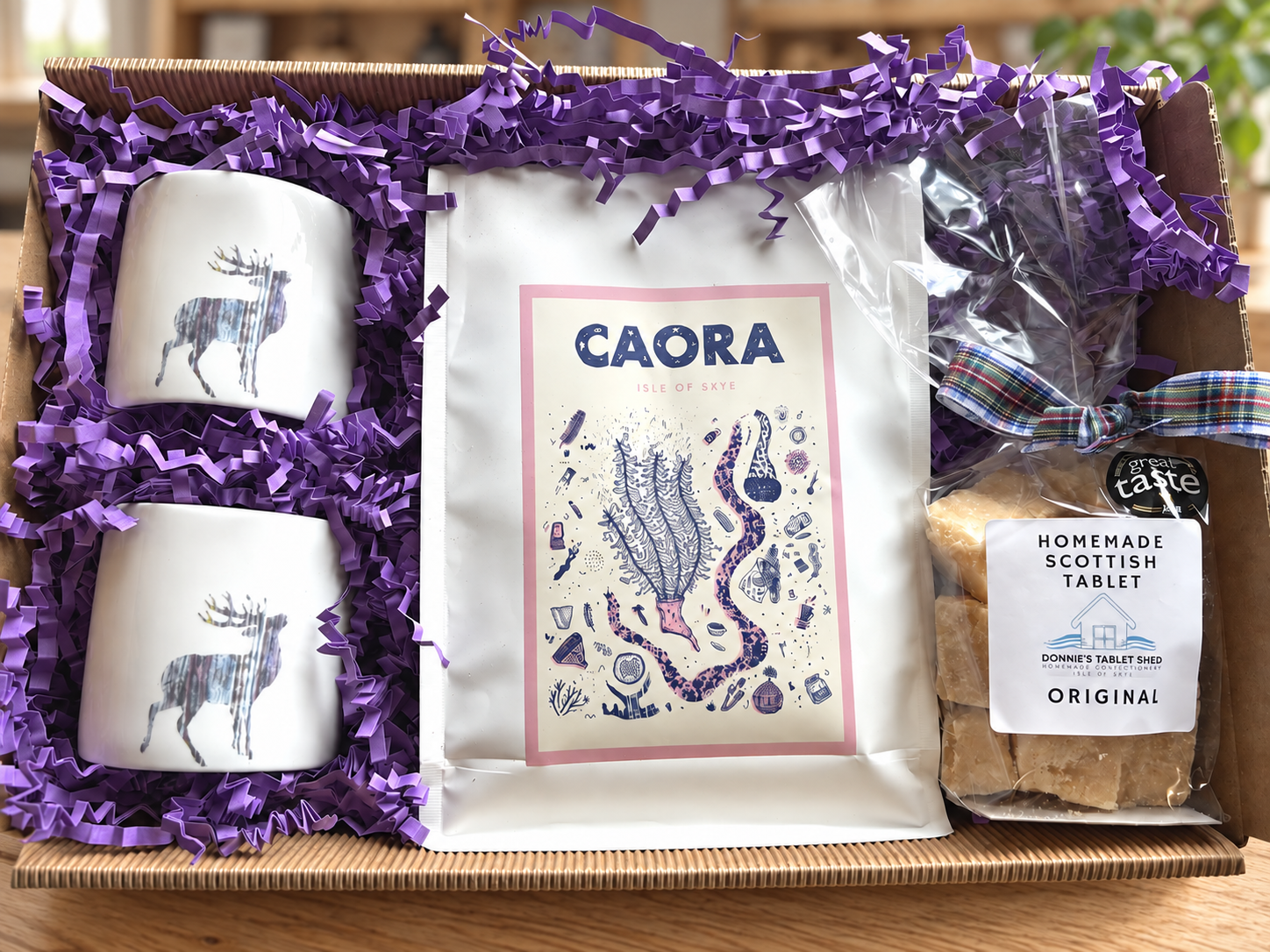 Silver Stag Espresso cup Hamper with Caora Coffee and Scottish Tablet from Isle of Skye