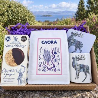 Silver Stag Mug, Coaster, Chocolate Gingers and Caora Coffee from Isle of Skye Gift Box