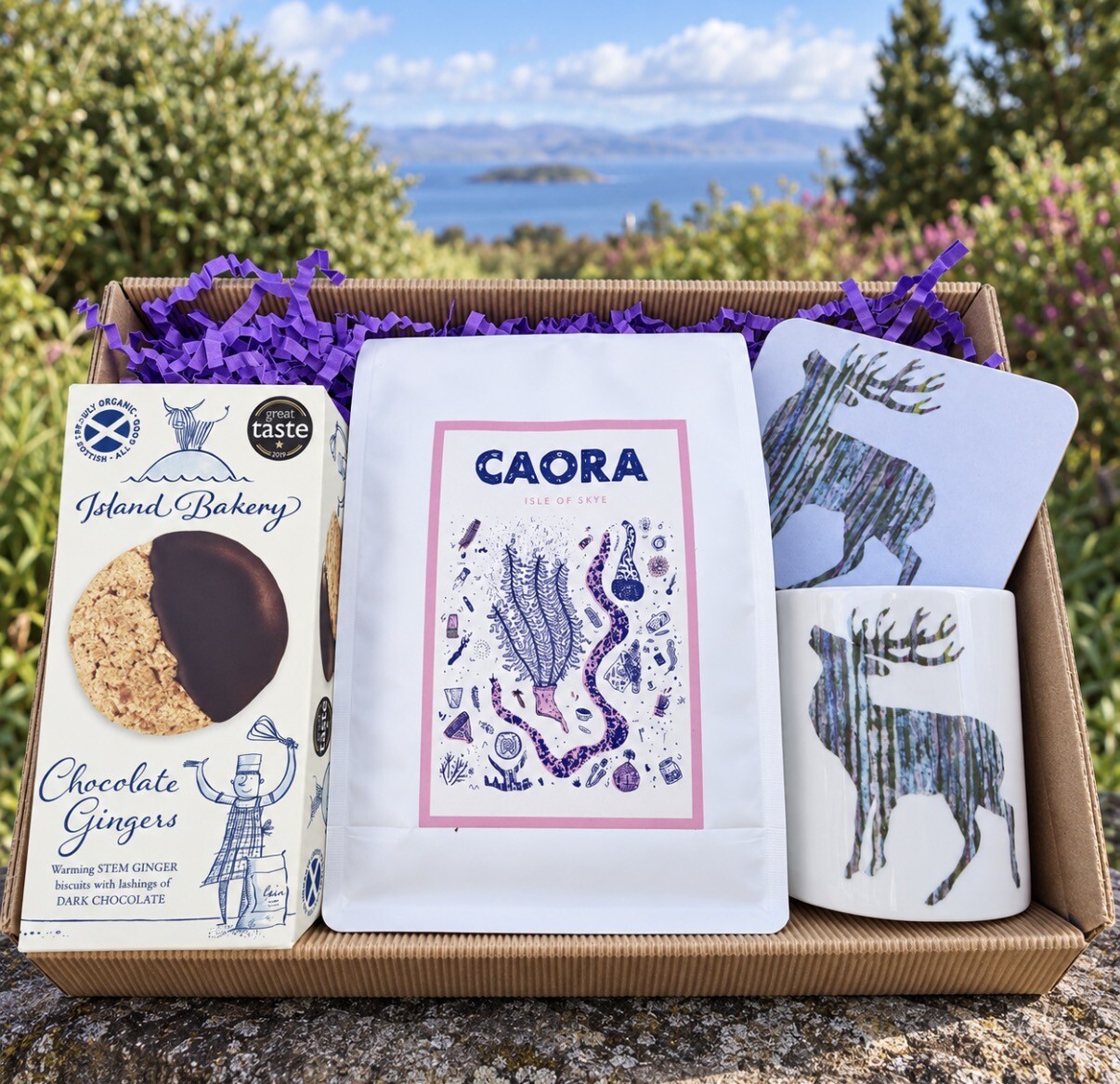 Silver Stag Mug, Coaster, Chocolate Gingers and Caora Coffee from Isle of Skye Gift Box