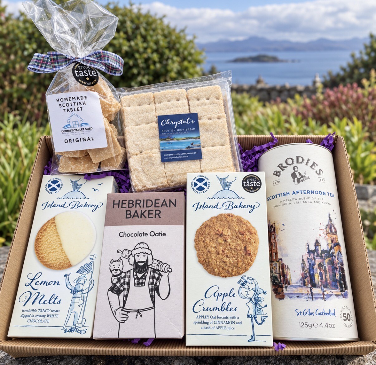Scottish tea and biscuits gift hamper with Brodies tea, shortbread, biscuits and homemade tablet