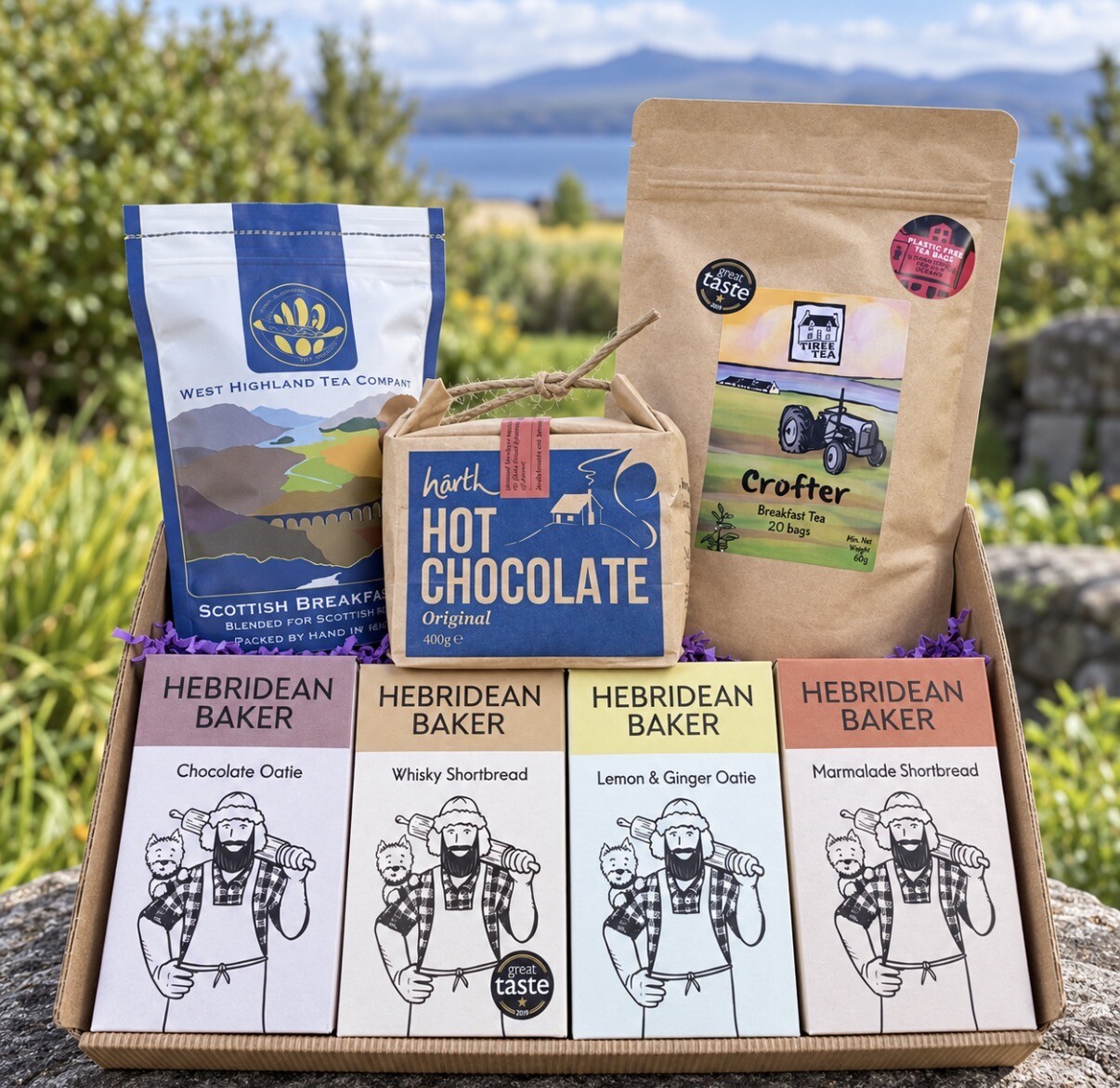 Hebridean tea and biscuit hamper with Scottish teas, hot chocolate and Hebridean Baker biscuits